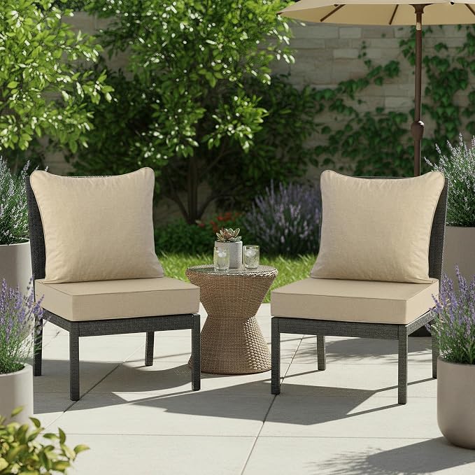 Summsun Outdoor Chair Cushions Set of 2, Faux Linen Patio Furniture Cushions, Water Resistant Backrest and Deep Seat Cushion Set with Ties, Removable Cover, Non-Slip Bottom, 24 x 24 Inch, Nature