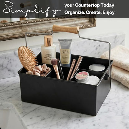 Alpha Living Home Heavy Duty Metal Alloy Utensil Silverware Caddy - 4 Compartment Flatware Organizer with Handle - Farmhouse Rustic Kitchen Storage for Countertop, Tabletop, Picnics & Parties (Black)