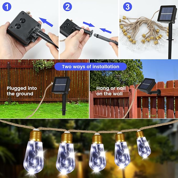 Solar String Lights Outdoor, 24FT Solar Patio Lights, String Lights for Outside, Waterproof 8 Modes Hemp Rope Lights with 20 Shatterproof LED Bulbs for Garden Yard Fence Balcony Camping Decor - White