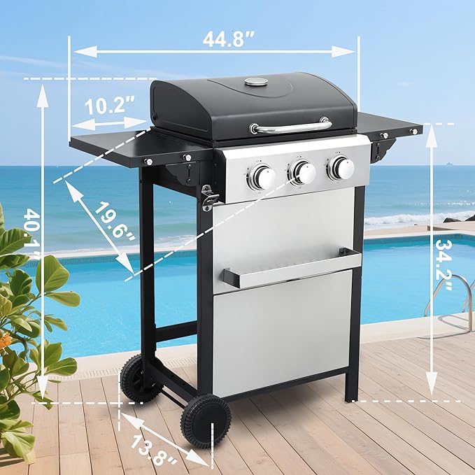 3 Burner Propane Gas Grill, Small Stainless Steel Portable BBQ Grill with Folding Side Table, Compact Gas Grill for Patio Balcony Camping, Easy Assembly with Wheels & Warming Rack