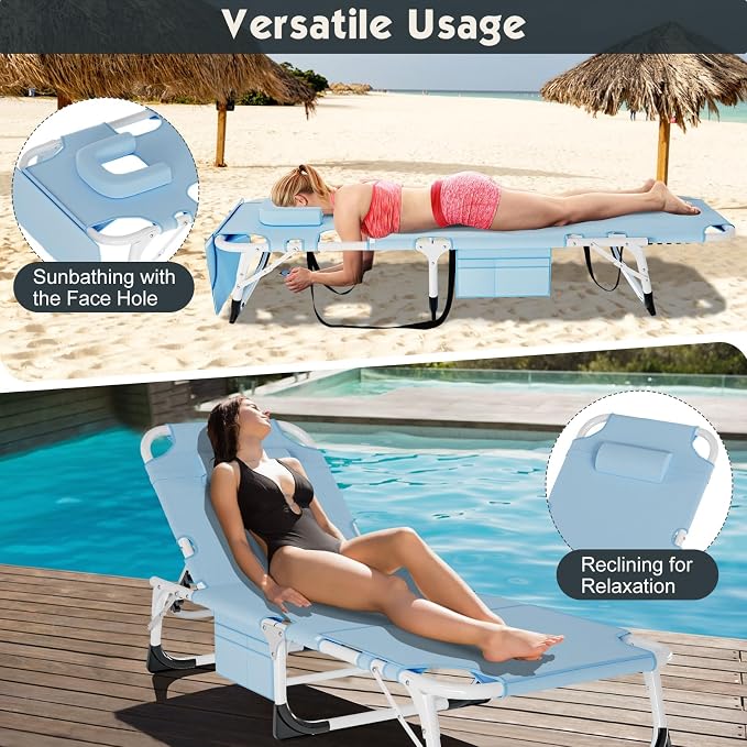 MOPHOTO Oversized Beach Lounge Chair, 5-Position Adjustable Tanning Chair with Face Hole, Heavy Duty Folding Chaise Lounge for Beach, Pool, Patio & Sunbathing