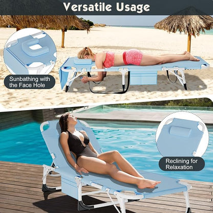 MOPHOTO Oversized Beach Lounge Chair, 5-Position Adjustable Tanning Chair with Face Hole, Heavy Duty Folding Chaise Lounge for Beach, Pool, Patio & Sunbathing