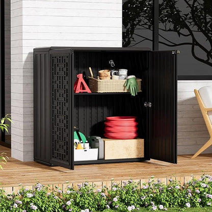 ZZM HDPE Outdoor Storage Shed, Outdoor Plastic Storage Cabinet, Horizontal Resin Tool Shed for Garden, All Weather Outdoor Storage Clearance, DIY Usage, with one Shelf (Black)