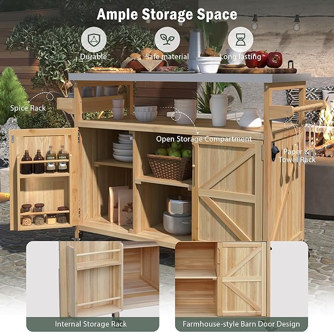 Outdoor Grill Cart with Storage, Rolling Bar Cart and Lockable Wheels, Farmhouse Solid Wood Outdoor Grill Table with Stainless Steel Top, Spice Rack, Towel Rack for Kitchen and BBQ, Natural