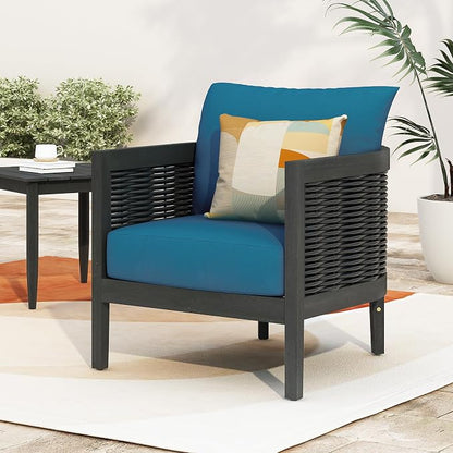 Christopher Knight Home Newine Acacia Wood Patio Accent Chair, Wooden Lounge Chair Outdoor, Wicker Club Chair with Removable Cushion, Comfy Reading Chair for Backyard/Garden/Balcony, Black+Dark Teal