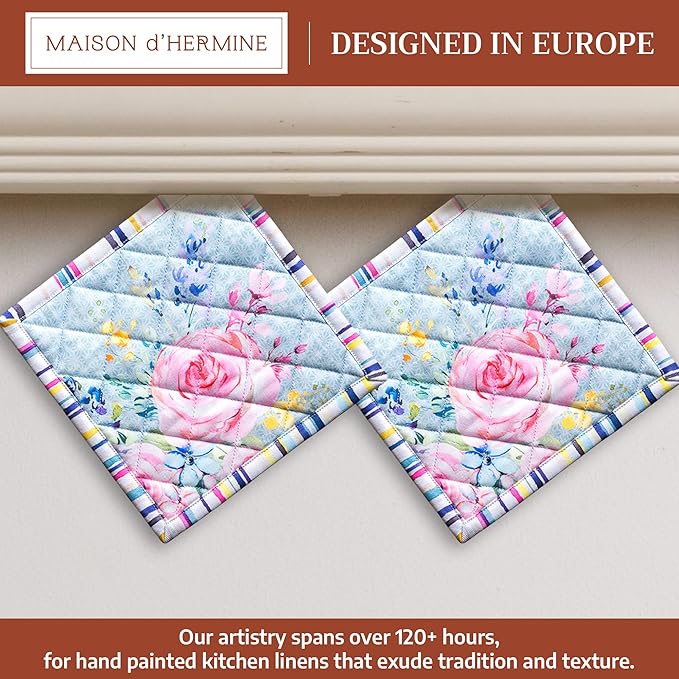 Maison d' Hermine Pot Holders 100% Cotton Heat Resistant Potholders 8" x 8" Hot Pads with Loop Baking Hotel Farmhouse Kitchen Handling Hot Pans Spring Summer (Pack of 2, Sweet Rose Lavender - Lush)