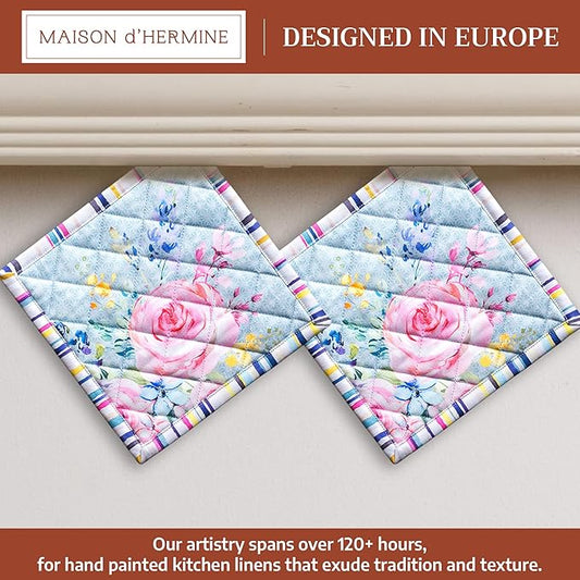 Maison d' Hermine Pot Holders 100% Cotton Heat Resistant Potholders 8" x 8" Hot Pads with Loop Baking Hotel Farmhouse Kitchen Handling Hot Pans Spring Summer (Pack of 2, Sweet Rose Lavender - Lush)