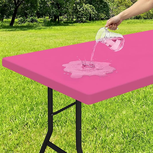 Smiry Rectangle Tablecloth, Elastic Fitted Flannel Backed Vinyl Tablecloths for 8ft Folding Tables, Waterproof Wipeable Table Covers for Indoor, Outdoor, Camping and Picnic (Rose Pink, 30"x96")