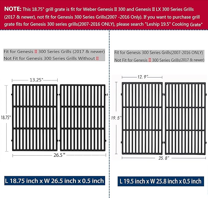 Leship 18.75" Grates for Weber Genesis II 300 Series Grills Genesis II E/S 310 315 325 330 335 Gas Grills, Cast Iron Grill Grates Replacement Parts for Weber 66095 66805 (18.75" x 13.25")