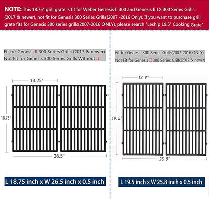 Leship 18.75" Grates for Weber Genesis II 300 Series Grills Genesis II E/S 310 315 325 330 335 Gas Grills, Cast Iron Grill Grates Replacement Parts for Weber 66095 66805 (18.75" x 13.25")