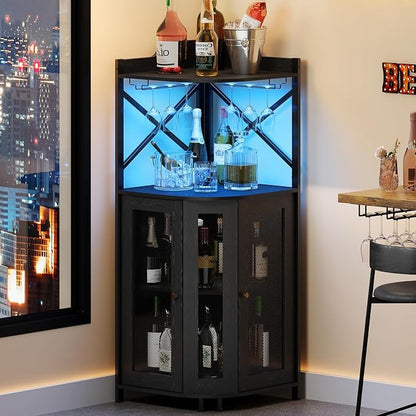 JKsmart 4-Tier Corner Bar Cabinet with LED Light and Glass Holder, Mini Bar | Industrial Liquor Cabinet with Door and Storage Shelf, Space-Saving Home Bar for Wine, Coffee and Entertaining, Black