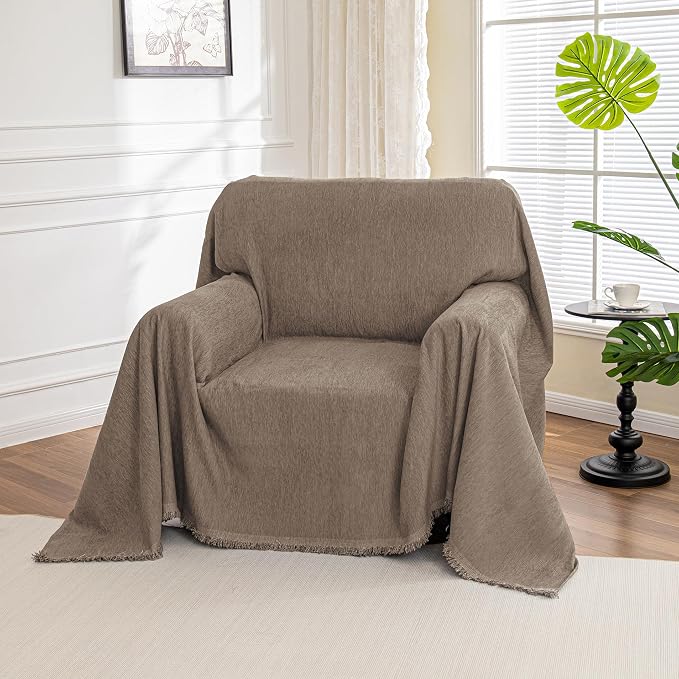 MYSKY HOME Chair Couch Cover Sectional Couch Covers for Pet Sofa Covers Non Slip Soft Couch Sofa Cover, Washable Furniture Protector Sofa Slipcover with Tassel Sofa Throws Living Room, 71"x91", Sand