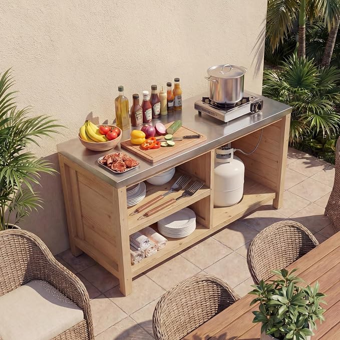 MOUMON Patio Grill Prep Table with Propane Tank Storage, Solid Cedar Patio Cabinet with Stainless Steel Top, Outdoor Cooking Station, Propane not Included, Oak 51.2”W x 23.6”D x 27.6”H