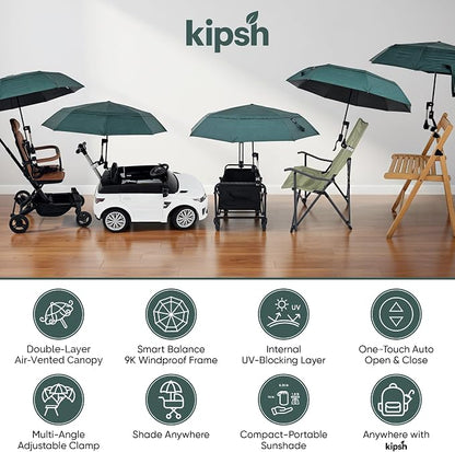 Chair Umbrella with Universal Clamp (Dark Green) | UPF 50+ UV Protection, Clip-on Outdoor Sports Umbrella for Beach Stroller Pool Camp, Compact Lightweight Portable Shade