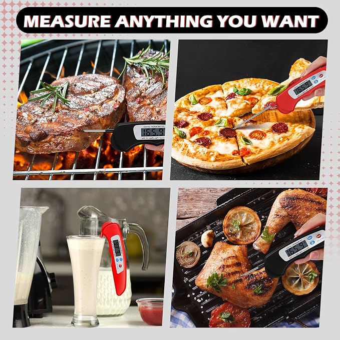 Xuhal 12 Pcs Digital Meat Thermometer with Probe Waterproof Instant Read Foldable Food Thermometer with Magnet for Kitchen Grilling Cooking Turkey Baking BBQ(Black, Red)