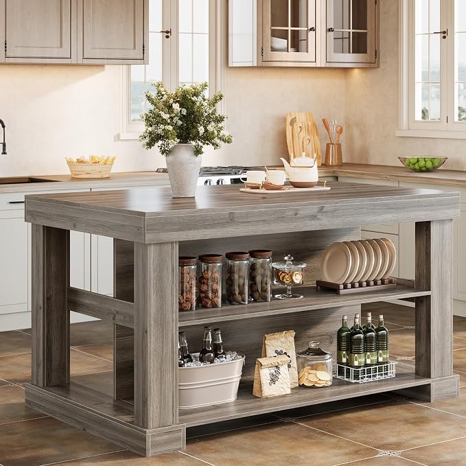 Tribesigns 55" Kitchen Island with Seating and Storage, 3-Tier, Farmhouse | Wood Stationary Island Table with Large Worktop & Legroom, Heavy Duty, Coffee Bar Table with Storage Shelf for Kitchen, Grey