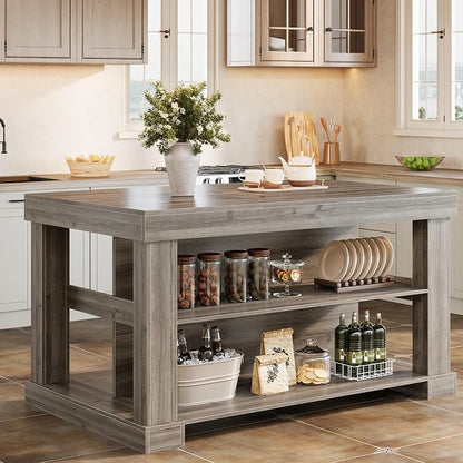 Tribesigns 55" Kitchen Island with Seating and Storage, 3-Tier, Farmhouse | Wood Stationary Island Table with Large Worktop & Legroom, Heavy Duty, Coffee Bar Table with Storage Shelf for Kitchen, Grey