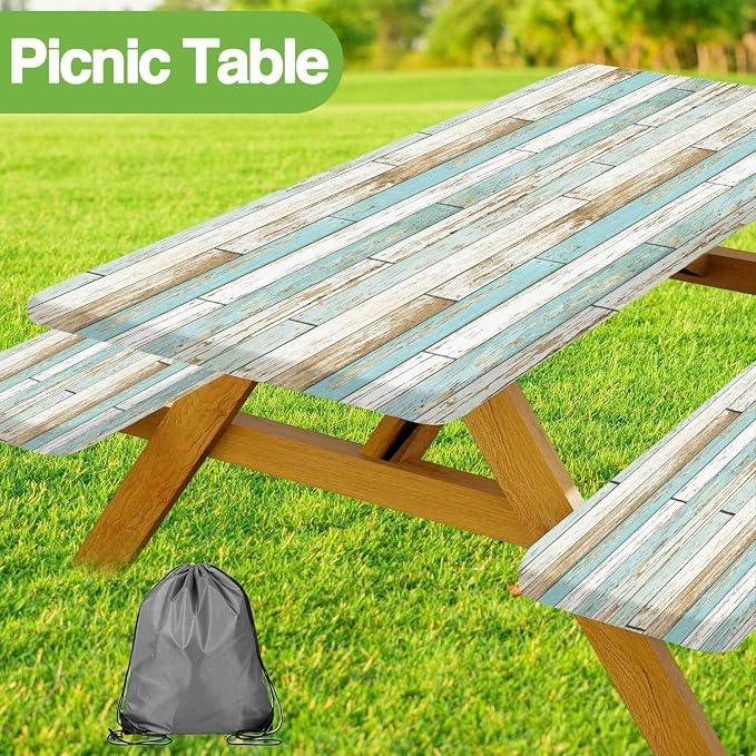 JAWO Teal Rustic Wooden Picnic Table Cover with Bench Covers, Modern Camping RV Essentials Gear Supplies Outdoor Waterproof Windproof Tablecloth with Elastic, 30X96in