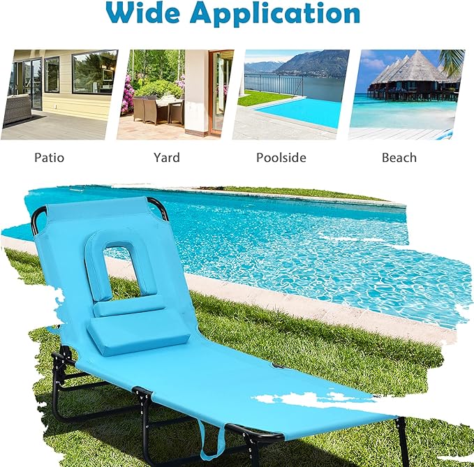 Folding Beach Lounge Chair w/ 5 Adjutable Backrest & Padded Pillow, Sunbathing Lounger Chair, Sun Tanning Lay Flat Chair for Seaside Pool Deck, Max Load 330 LBS, No Assembly Required (Navy)