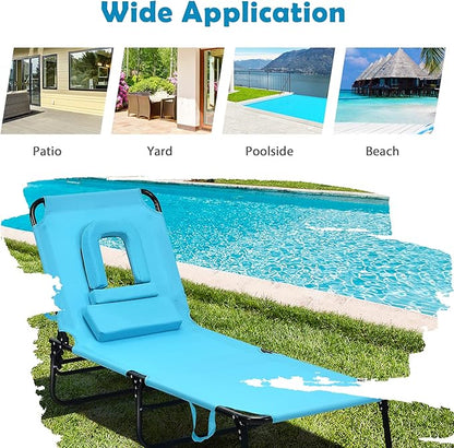 Folding Beach Lounge Chair w/ 5 Adjutable Backrest & Padded Pillow, Sunbathing Lounger Chair, Sun Tanning Lay Flat Chair for Seaside Pool Deck, Max Load 330 LBS, No Assembly Required (Navy)