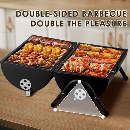 Portable bbq Charcoal Grill Small Folding Table Top Charcoal Grill for Outdoor Camping Two Side Carbon Smoker Griller with bbq Grill Brush and Metal Tongs (Black)