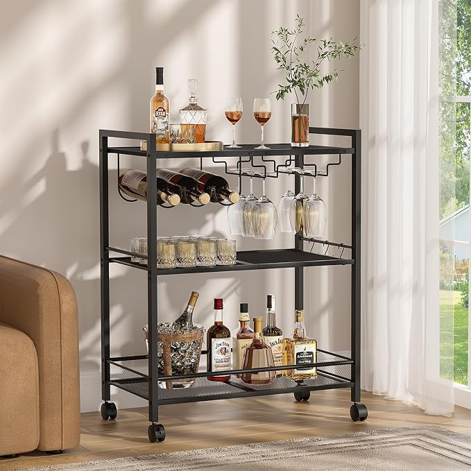 Joaxswe Bar Cart,3-Tier Home Bar Serving Cart with Lockable Wheels,Black | Microwave Cart,Mobile Kitchen Shelf,Rolling Beverage Cart with Wine Rack and Glass Holder for Kitchen,Dinning Room