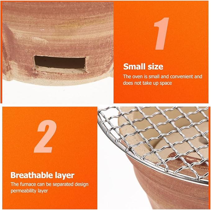 Mini Ceramic Charcoal Barbecue Stove with Grill Net, Portable Korean Style Pottery Bbq Oven for Camping and Household Use, Brown Charcoal Grill Set Color