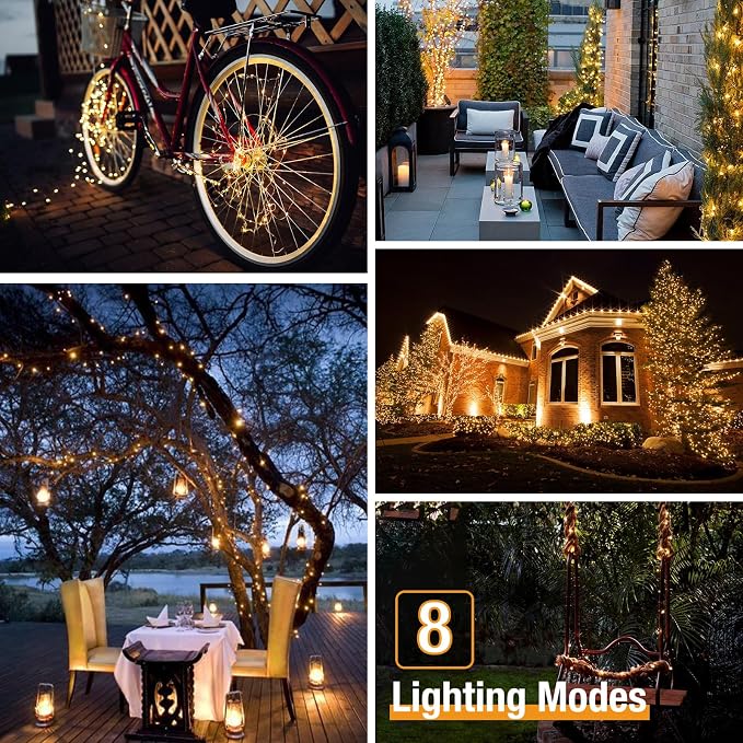 btfarm 2 Pack Solar String Lights Outdoor, 66FT 160LED Solar Fairy Lights Outside Waterproof 8 Modes, Copper Wire Solar Powered Twinkle Light for Garden Tree Christmas Wedding Party,Warm White