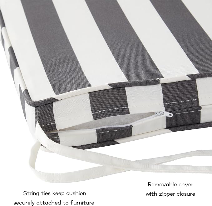 Outdoor 18 inch Square Patio Dining Chair Pads – Comfortable Fiber-Filled Seat Cushions with Ties, Reversible Polyester Fabric - Canopy Stripe Gray, Set of 2