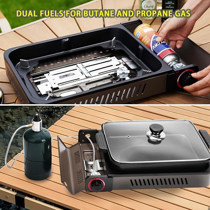 Portable Propane Gas Stove with Grill Pan and Lid | Butane Camping Stove Instant Ignition for Patio Backyard Home Cooking Camping RV Tailgating Emergency Use, GS349