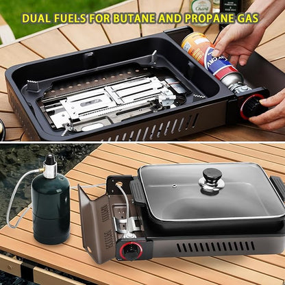 Portable Propane Gas Stove with Grill Pan and Lid | Butane Camping Stove Instant Ignition for Patio Backyard Home Cooking Camping RV Tailgating Emergency Use, GS349
