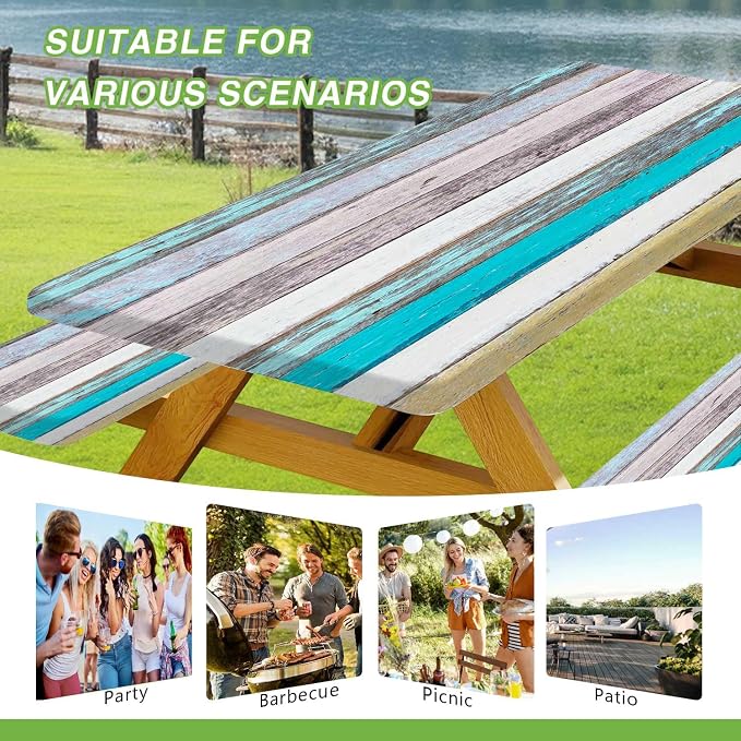 JAWO Rustic Farmhouse Country Wood Picnic Table Cover with Bench Covers, Camper RV Essentials Gear Supplies Outdoor Waterproof Windproof Tablecloth with Elastic, 30X72in