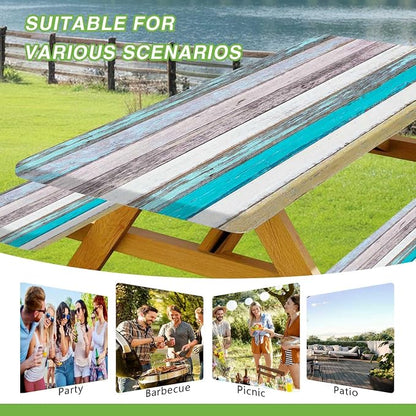 JAWO Rustic Farmhouse Country Wood Picnic Table Cover with Bench Covers, Camper RV Essentials Gear Supplies Outdoor Waterproof Windproof Tablecloth with Elastic, 30X72in