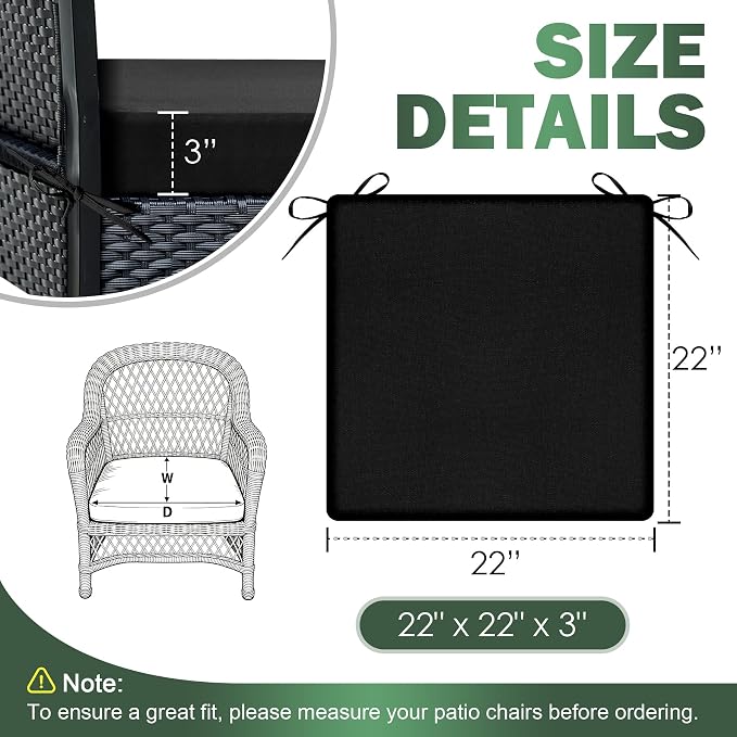 Outdoor Chair Cushions Set of 2, 22x22x3 Inch Waterproof & Fade Resistant Patio Furniture Seat Cushions with Ties, Square Outdoor Dining Chair Cushions for Lawn, Garden, Deck & Yard, Black