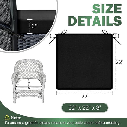 Outdoor Chair Cushions Set of 2, 22x22x3 Inch Waterproof & Fade Resistant Patio Furniture Seat Cushions with Ties, Square Outdoor Dining Chair Cushions for Lawn, Garden, Deck & Yard, Black