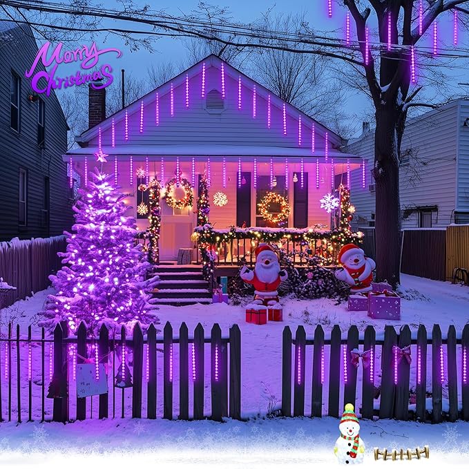 JMEXSUS Solar Christmas Lights Outdoor, 8 Tube 144 LEDs Solar Meteor Shower Lights, Purple Christmas Light for Tree Fence Eaves Patio Yard Holiday Party Decor