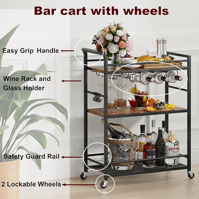 3 Tier Bar Cart, Small Beverage Cart, Mini Bar Cart with Wine Rack, Home Bar Serving Cart with Wheels for Kitchen Dining Living Room (Rustic Brown, General) GBC507R