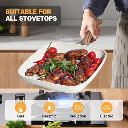 NEWBULIG 3-Piece Nonstick Grill Pan Set, Square Griddle Pans with Wooden Handles, Induction Cooktop Compatible, Nonstick Cookware for Steak, BBQ, Vegetables, Cream White, 9.5, 10.2, 11 Inch