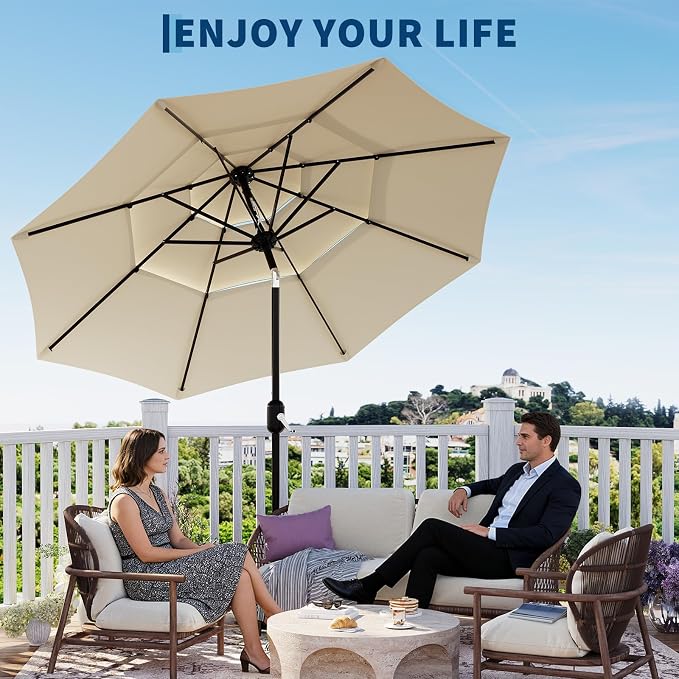 Garvee patio Umbrella with Solar Lights, Outdoor Table Umbrella with 8 Durable Ribs, Tilt & Crank Mechanism, Waterproof & UV Protection for Garden, Backyard, Poolside,