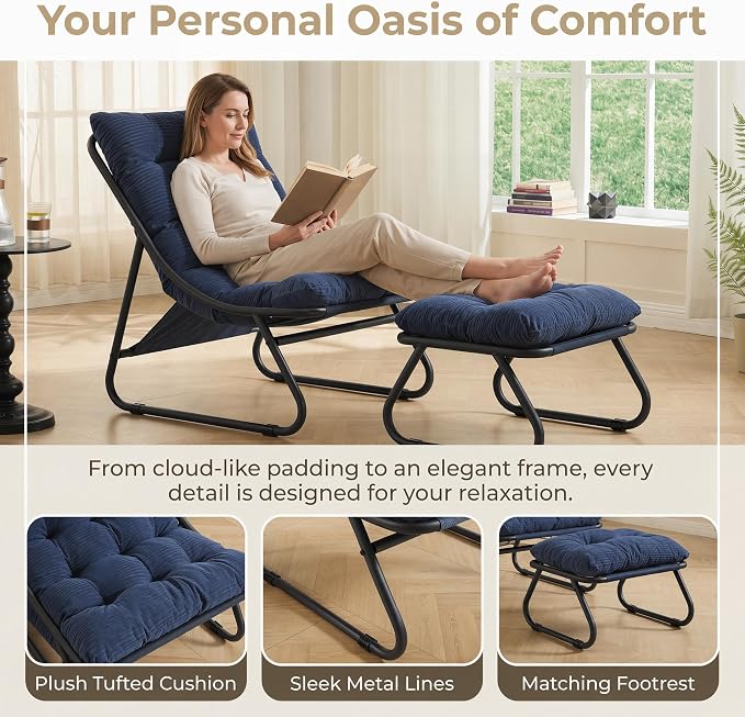 Rocking Chair with Ottoman, Modern Metal Frame Outdoor Rocker, Comfy Patio Lounge Chair with Footrest, Reading Glider Chairs for Living Room, Bedroom, Balcony, Garden, Relax, Navy Blue
