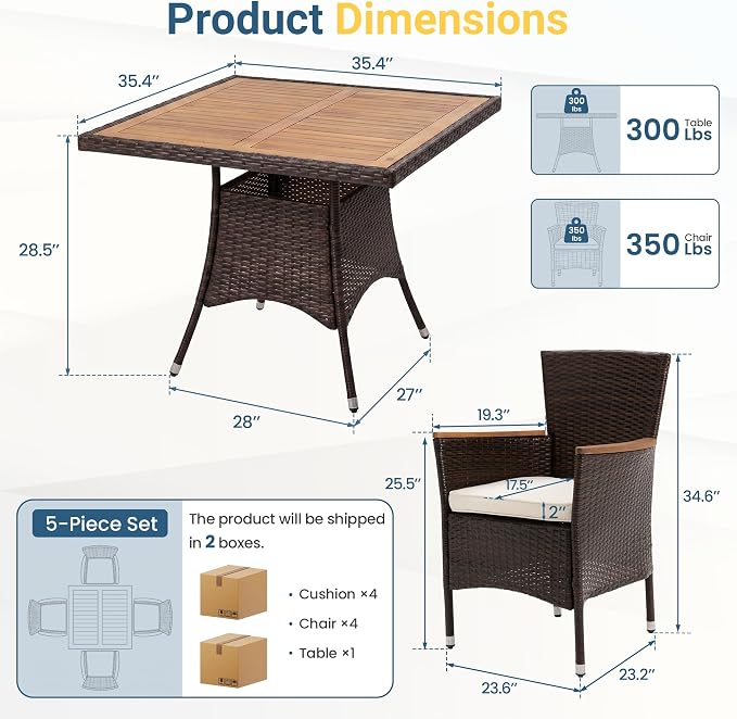 Wisteria Lane Patio Outdoor Table and Chairs Set, Rattan Outdoor Patio Furniture Set with Removable Cushions, Outdoor Patio Dining Sets with Acacia Wood Tabletop for Deck Garden Backyard, Brown