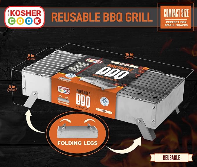 The Kosher Cook Portable Charcoal Grill - Portable Bbq Grill - Reusable Charcoal Grill with Folding Legs - Kosher No Tevilah Required