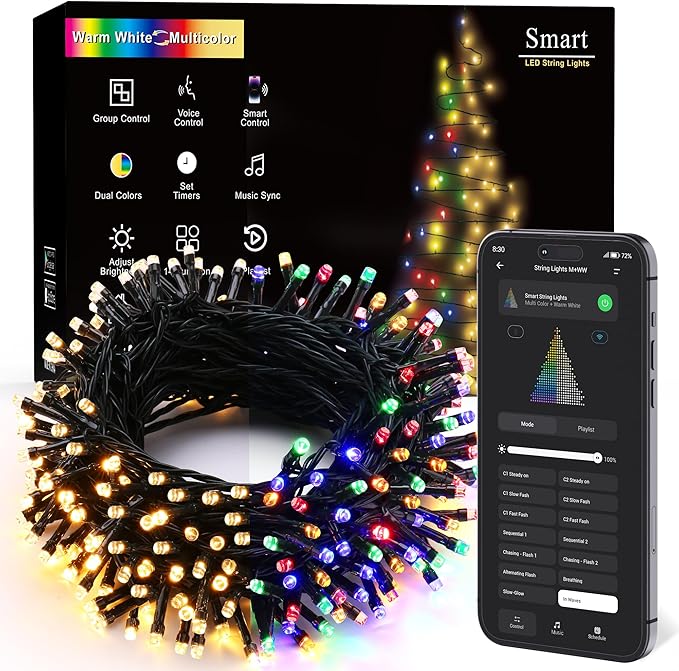 Brizled Smart String Lights, 200 LED Color Changing Christmas Lights 66 ft | App & Voice Control; Warm White & Multicolor; Dimmable; Timer; Xmas Tree Light Music Sync for Indoor Outdoor Wedding Party