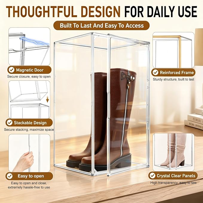 Boot Organizer for Extra Tall Boots, 23.6'' Stackable Acrylic Display Case | Clear magnetic door.Keep tall boots upright.Ideal for knee-high and riding boots,fashion boots,huge figures,tall collectible