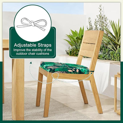 Cozyide Outdoor Chair Cushions, Waterproof Patio Seat Cushions with Adjustable Straps, Round Corner Patio Chair Cushions for Garden, Green Leaf, 17x16x2 Inch (Pack of 2)