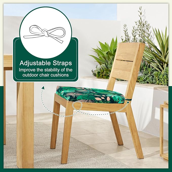 Cozyide Outdoor Chair Cushions, Waterproof Patio Seat Cushions with Adjustable Straps, Round Corner Patio Chair Cushions for Garden, Green Leaf, 17x16x2 Inch (Pack of 4)