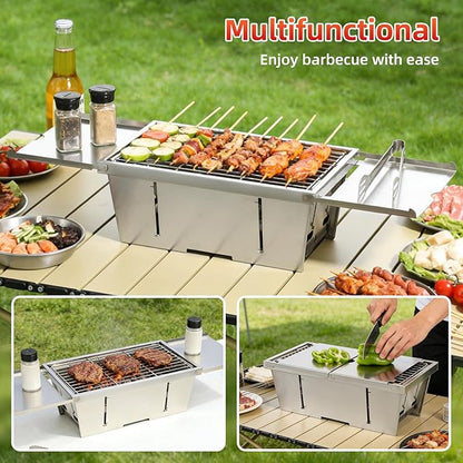 Portable Grill, Uten Stainless Steel Foldable Charcoal Grills with Condiment Plates, Carry Bag, Lightweight, Tabletop Small Barbecue for Camping, Tailgating, Beach BBQ, Travel (15.3" x 8.7")