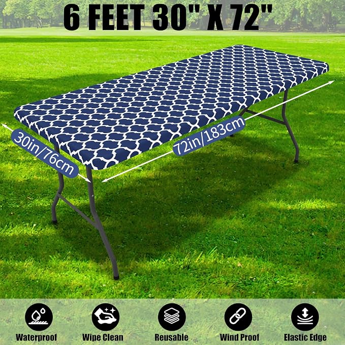 Smiry 2 Pack Rectangle Table Cloth 6 Foot, Waterproof Elastic Fitted Tablecloths, Windproof Washable Polyester Table Cover for Picnic, Camping, Outdoor (Navy, 30"x72")