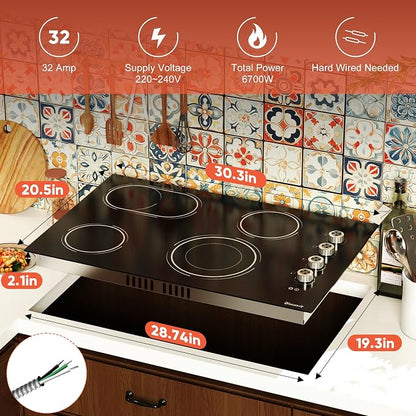 Electric Cooktop 30 Inch Knob Control, 6700W 240V Hard Wired | 4 Burner 30 Inches Glass Electric Stove Top Built-in, Dual & Expanded Ring, 9 Power Heating Levels, 220V No Plug