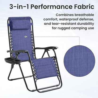 Zero Gravity Chair Set of 2 Oversized Folding Recliner, Padded Anti Gravity Lounge Chair with Adjustable Pillow & Cup Holder for Outdoor Camping, Patio, Poolside, Lawn (Blue)
